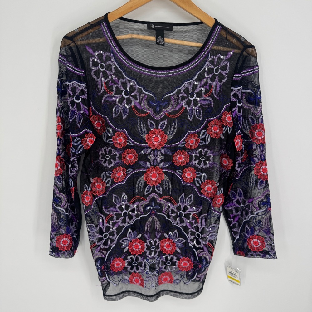 INC International Concepts Mesh Top Women M Floral Embroidered Sequin Whimsigoth